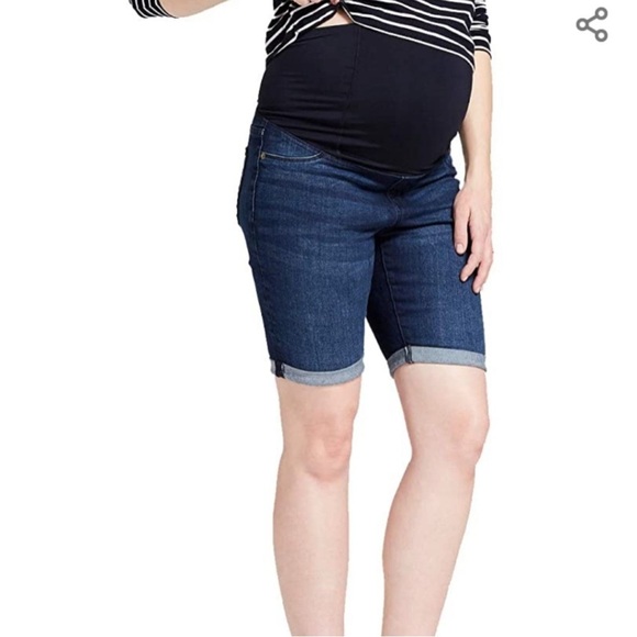 Isabel Maternity Isabel & Ingrid Bermuda Roll Cuff Jean Shorts  Crossover Panel - Picture 1 of 9